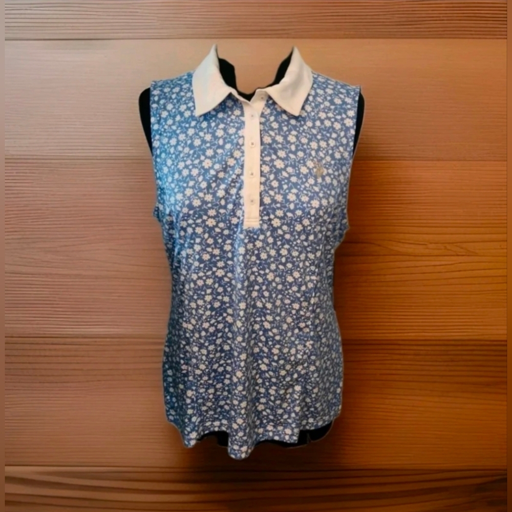 Womens Button Up Collared Sleeveless BLUE Floral Golf Tennis Polo Shirt Top XL